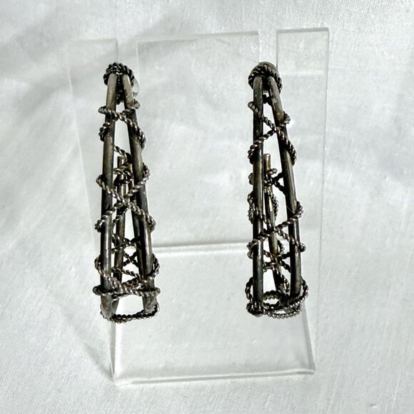 Vintage Grey Silver Tone Twisted Wire Hoop Earrings – Industrial Style - Picture 6 of 9